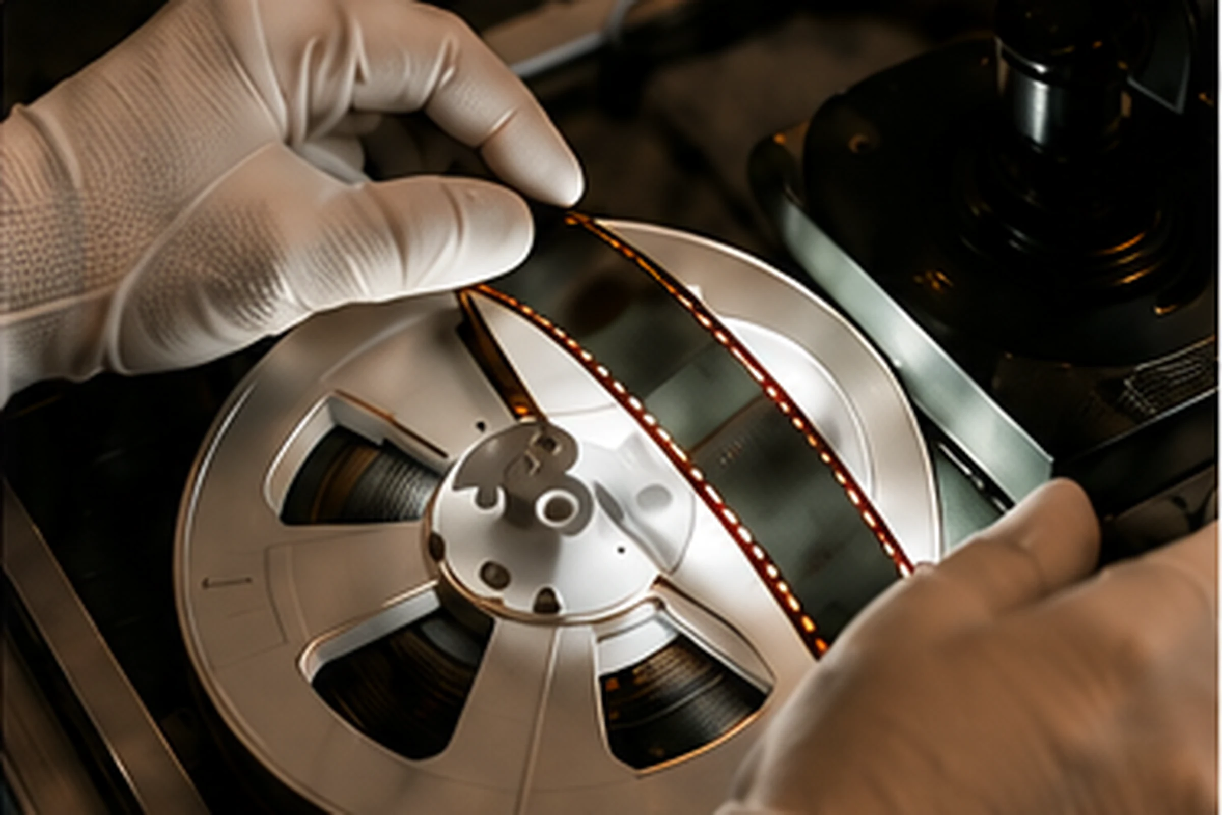 Des mains gantées de blanc manipulent une bobine de film pendant la numérisation.