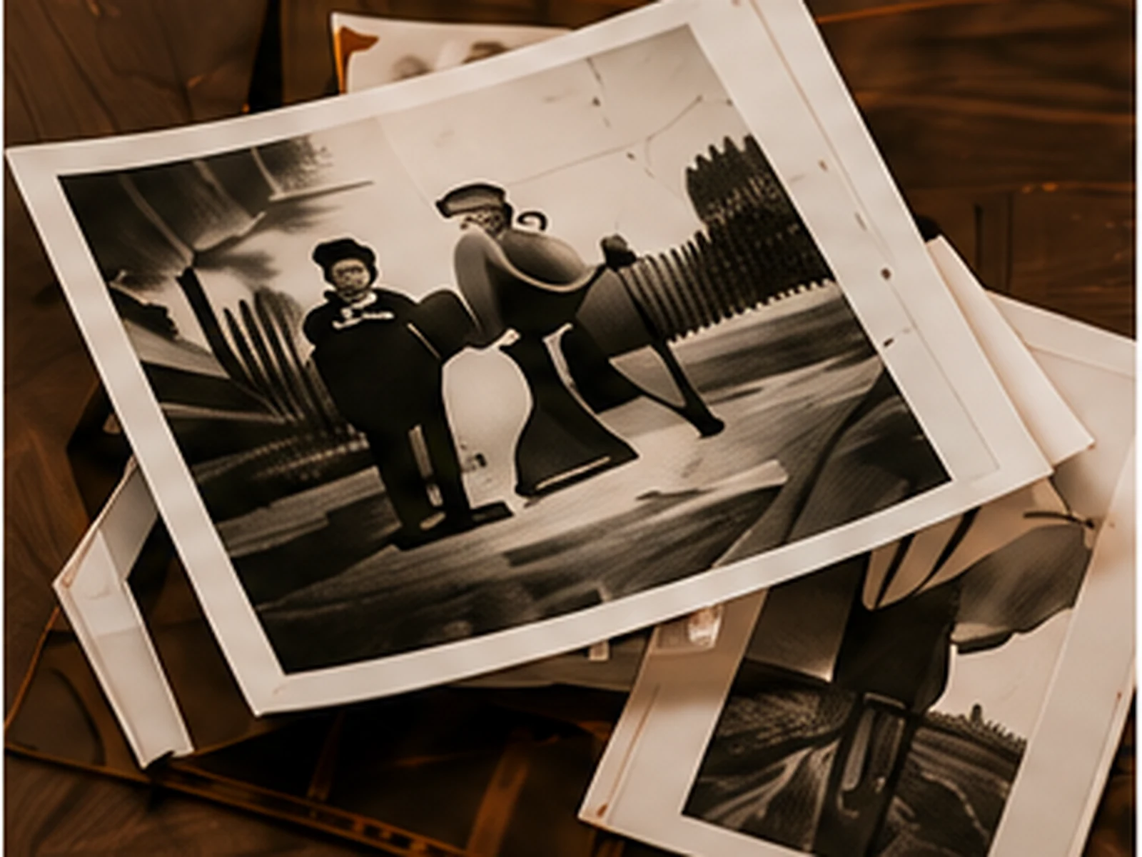 Une pile d'anciennes photos en noir et blanc et une bande de négatifs.