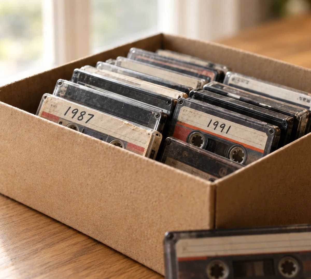 D'anciennes cassettes audio rassemblées dans une boîte en carton sur une table en bois clair