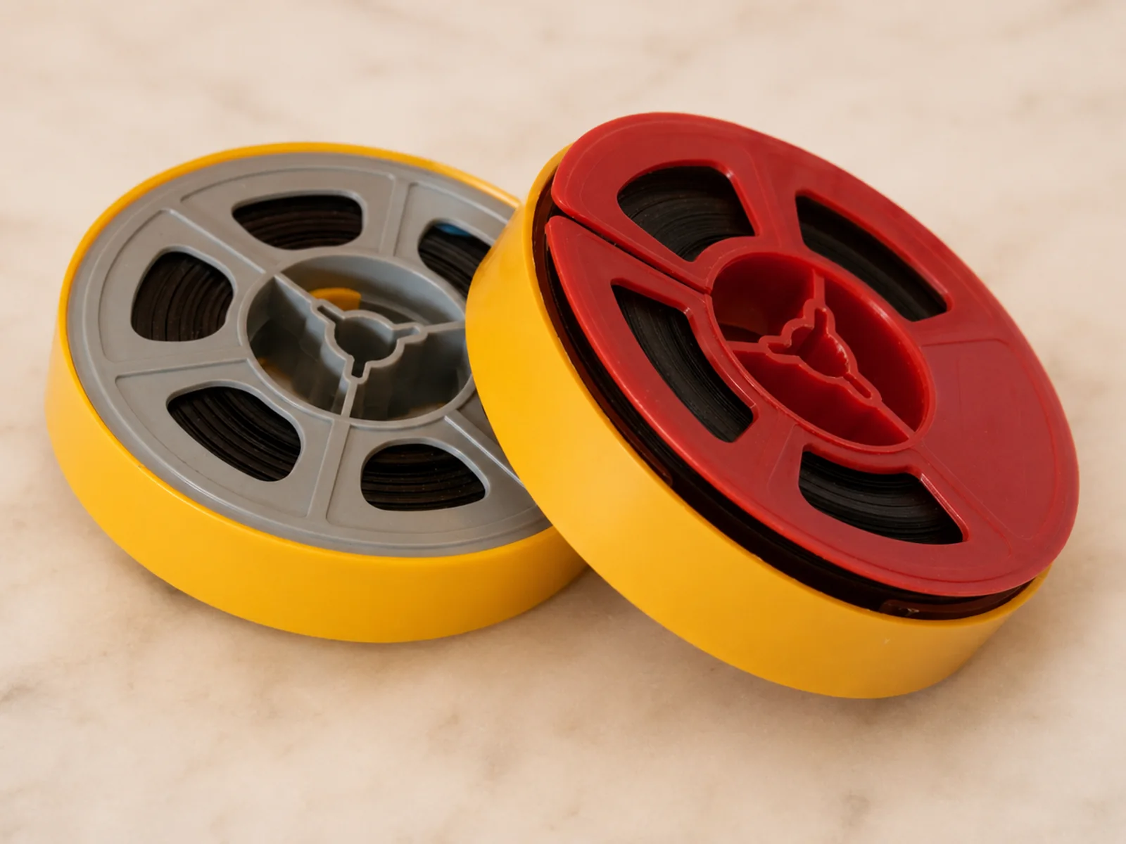 Deux bobines de film dans des boîtes de rangement jaunes.