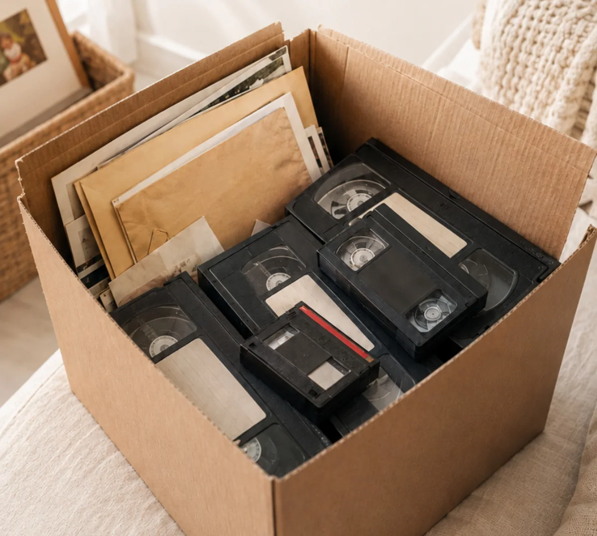 Een doos met oude videobanden en foto's