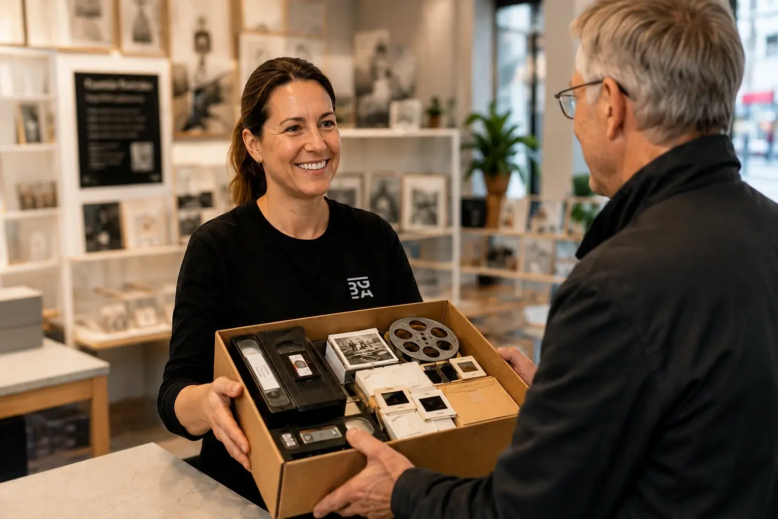 Un carton contenant des cassettes vidéo, des diapositives et une bobine de film, prêt à être envoyé.